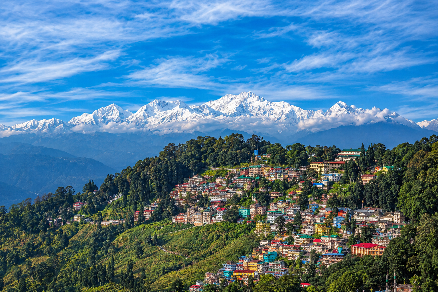 Tea-covered Himalayan hills in Darjeeling